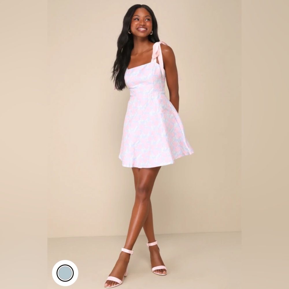 My Wish Light Blue Floral Jacquard Tie-Strap Dress, Brand New, Size Medium
